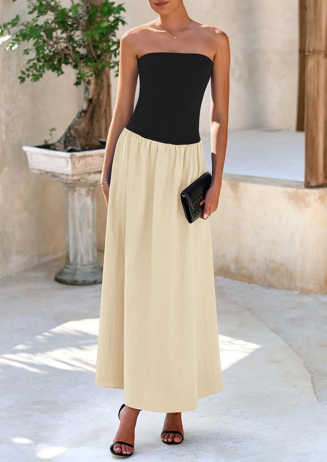 Women's 2025 Spring Strapless Maxi Dresses Patchwork Long Flowy Pockets Elegant Going Out Summer Tube Top Dress