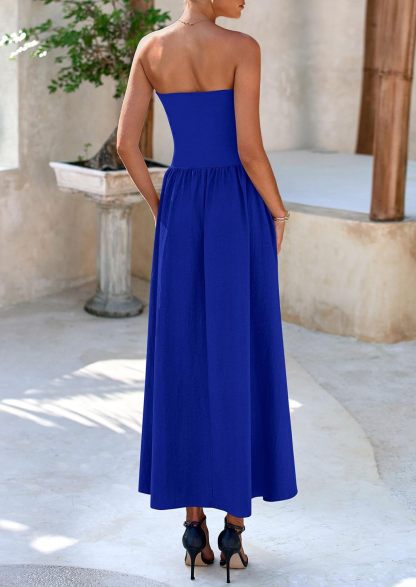 Women's 2025 Spring Strapless Maxi Dresses Patchwork Long Flowy Pockets Elegant Going Out Summer Tube Top Dress