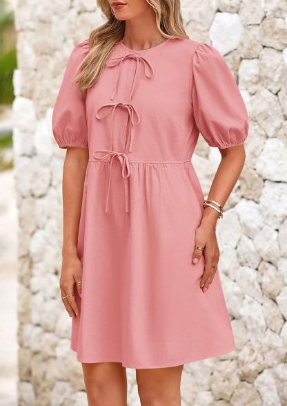 Womens 2025 Summer Casual Short Sleeve Dresses A Line Bow Tie Front Babydoll Loose Cute Mini Dress with Pockets