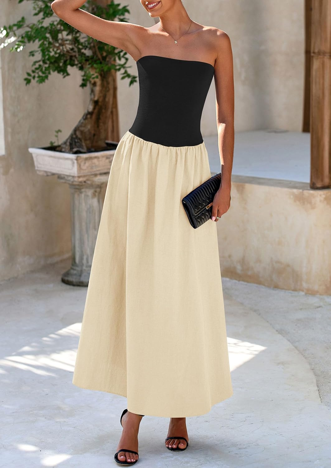 Women's 2025 Spring Strapless Maxi Dresses Patchwork Long Flowy Pockets Elegant Going Out Summer Tube Top Dress
