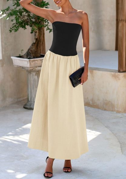 Women's 2025 Spring Strapless Maxi Dresses Patchwork Long Flowy Pockets Elegant Going Out Summer Tube Top Dress