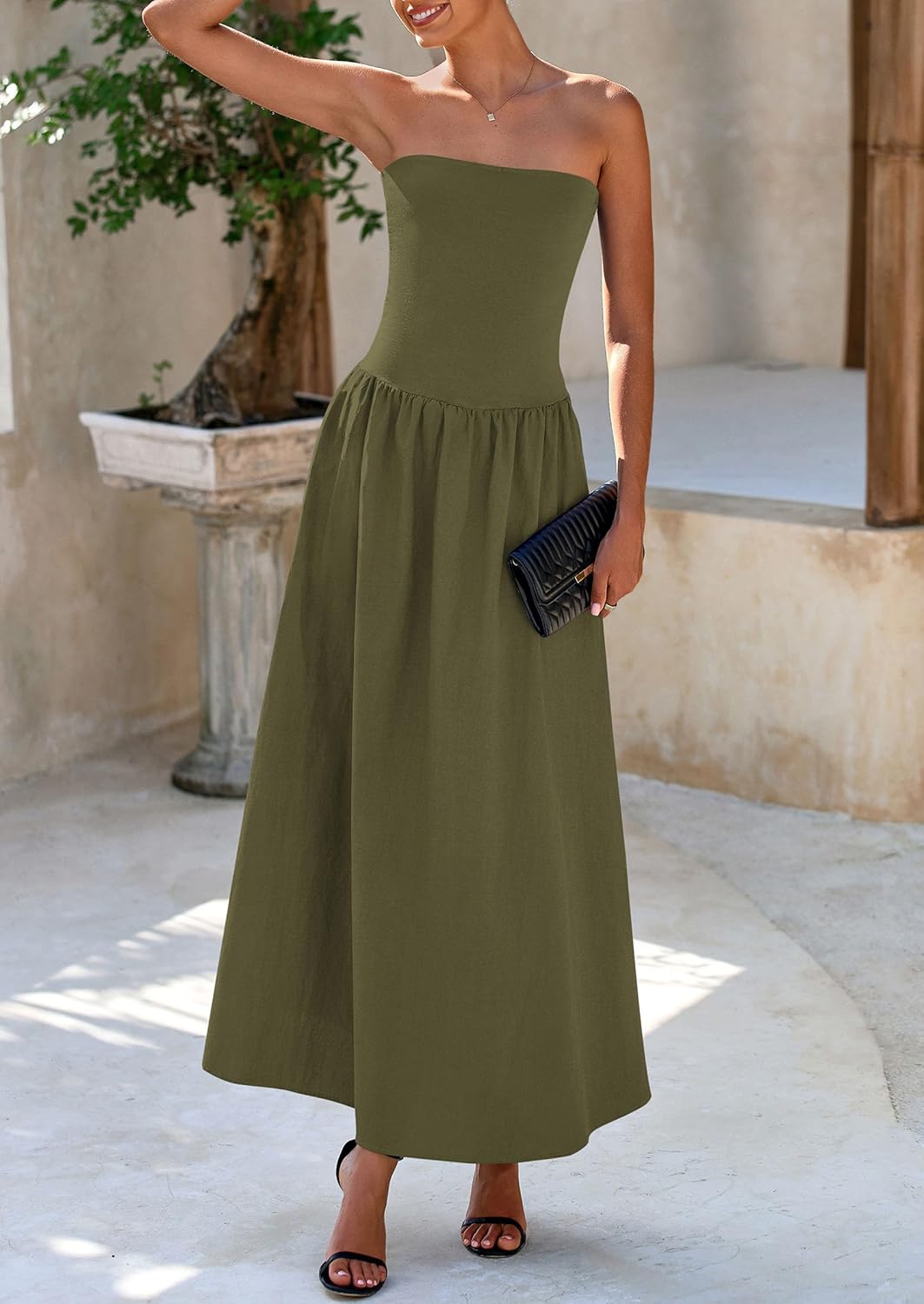 Women's 2025 Spring Strapless Maxi Dresses Patchwork Long Flowy Pockets Elegant Going Out Summer Tube Top Dress