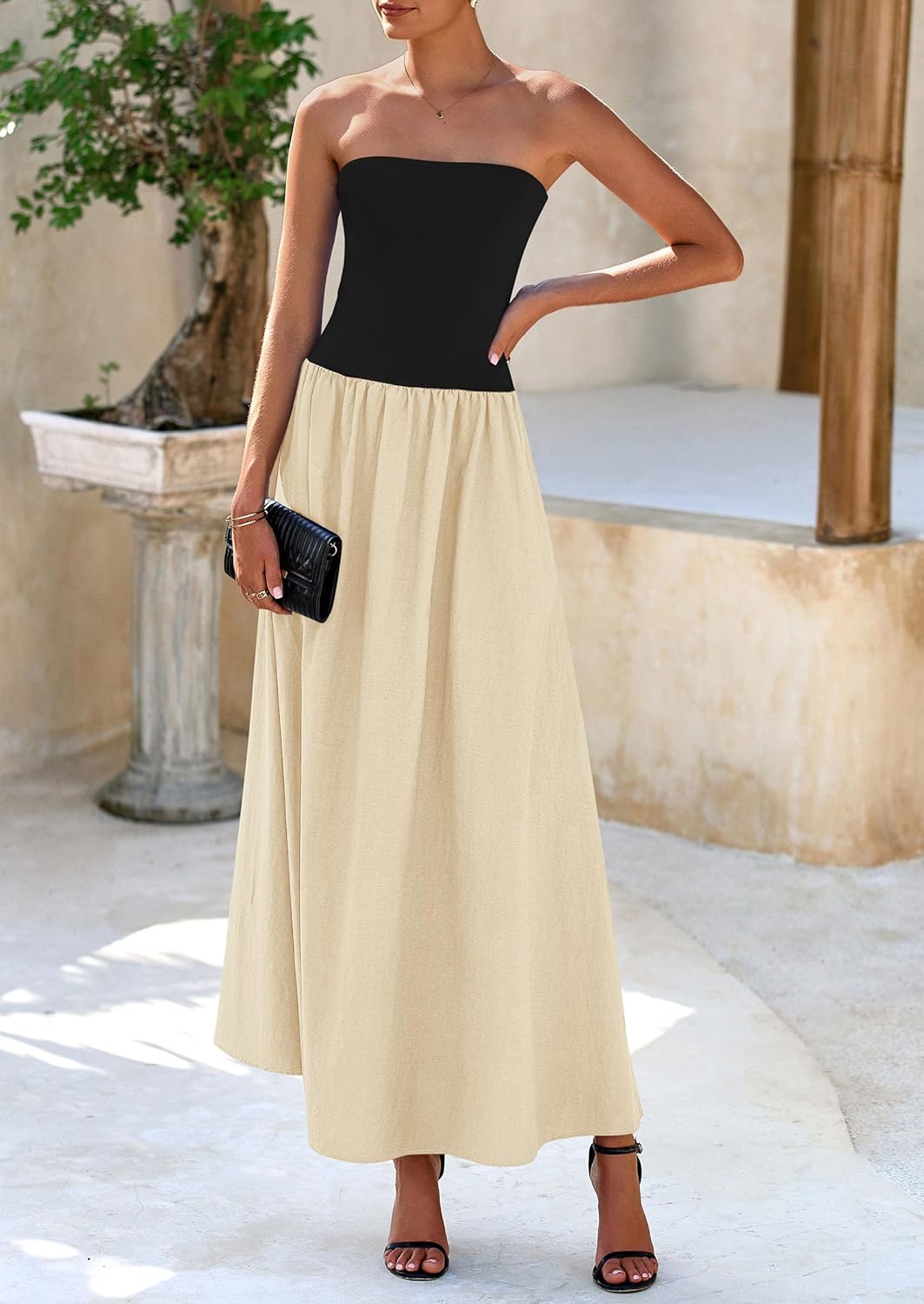 Women's 2025 Spring Strapless Maxi Dresses Patchwork Long Flowy Pockets Elegant Going Out Summer Tube Top Dress