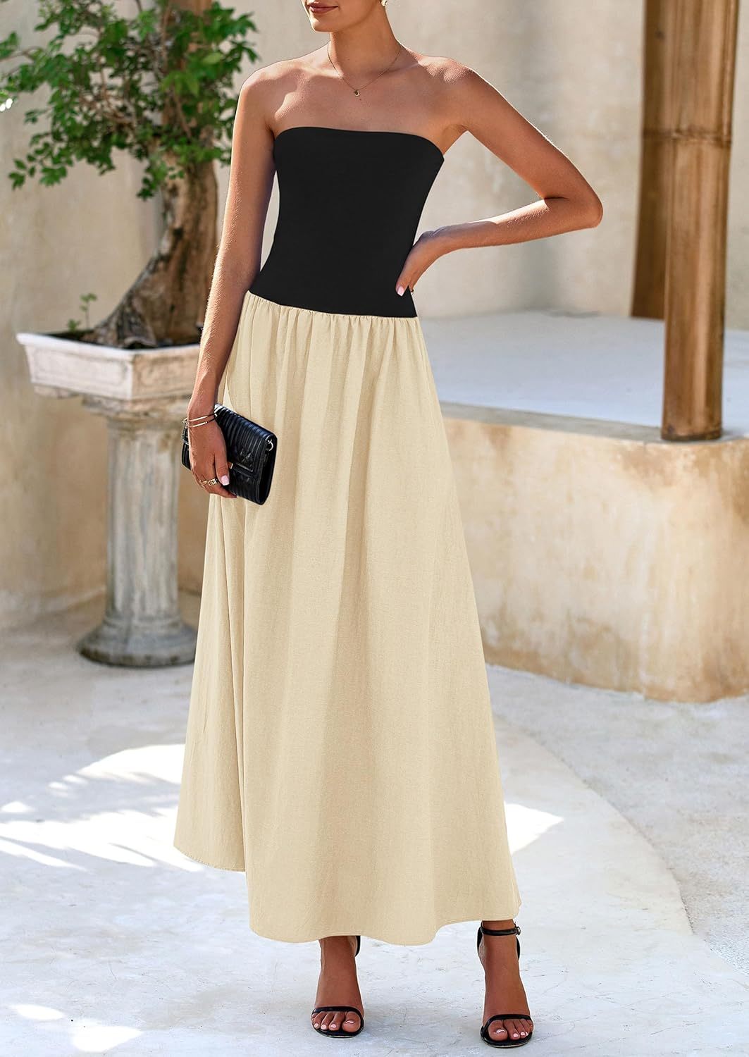 Women's 2025 Spring Strapless Maxi Dresses Patchwork Long Flowy Pockets Elegant Going Out Summer Tube Top Dress