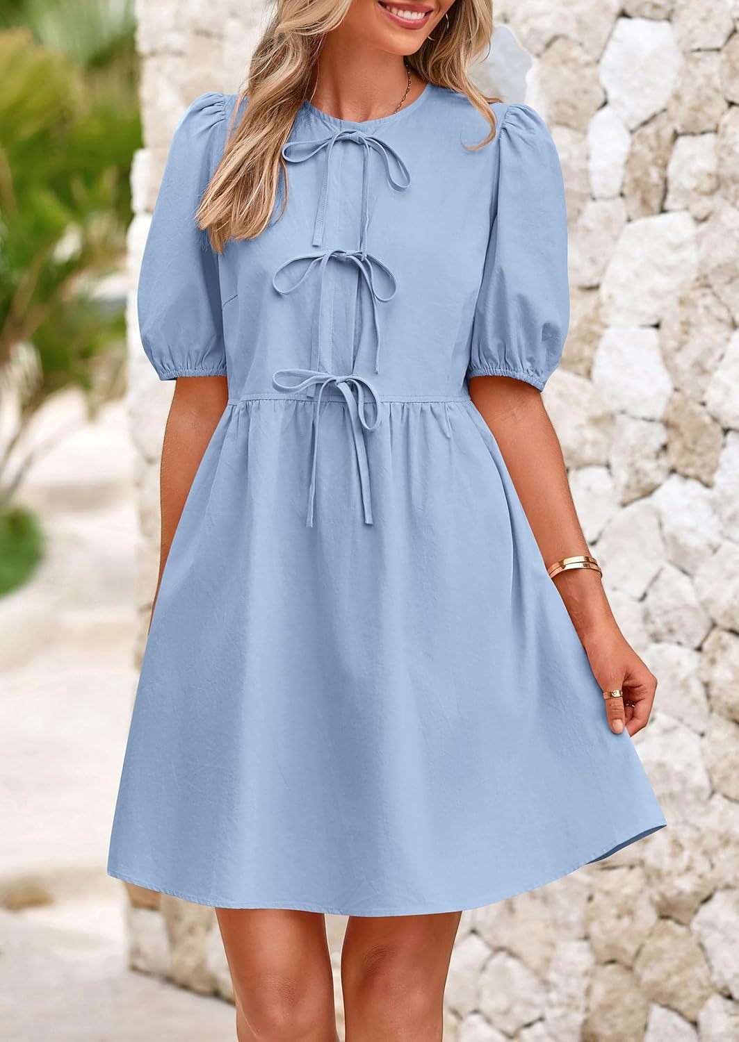 Womens 2025 Summer Casual Short Sleeve Dresses A Line Bow Tie Front Babydoll Loose Cute Mini Dress with Pockets