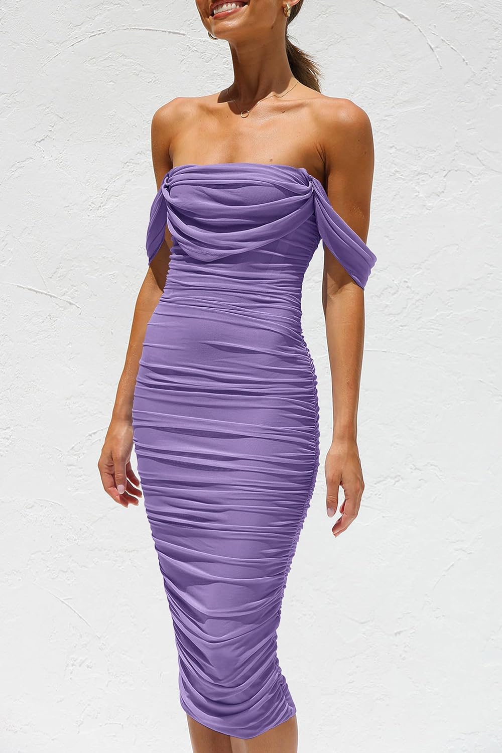 PRETTYGARDEN Wedding Guest Dress 2025 Summer Off Shoulder Ruched Elegant Sexy Bodycon Homecoming Cocktail Party Midi Dress