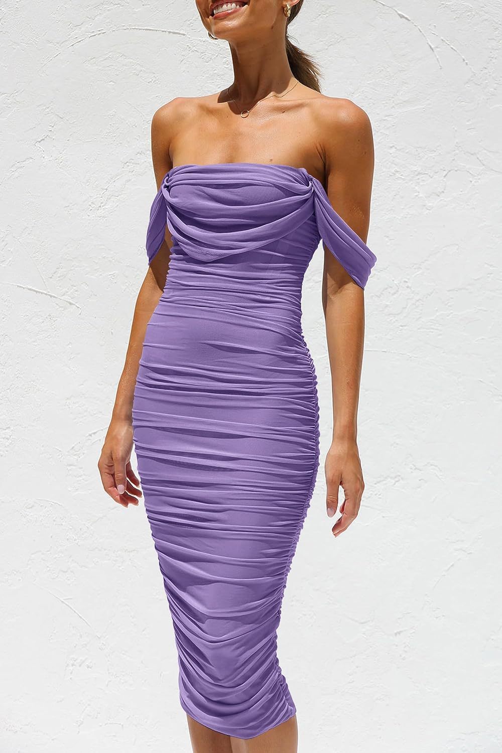 PRETTYGARDEN Wedding Guest Dress 2025 Summer Off Shoulder Ruched Elegant Sexy Bodycon Homecoming Cocktail Party Midi Dress