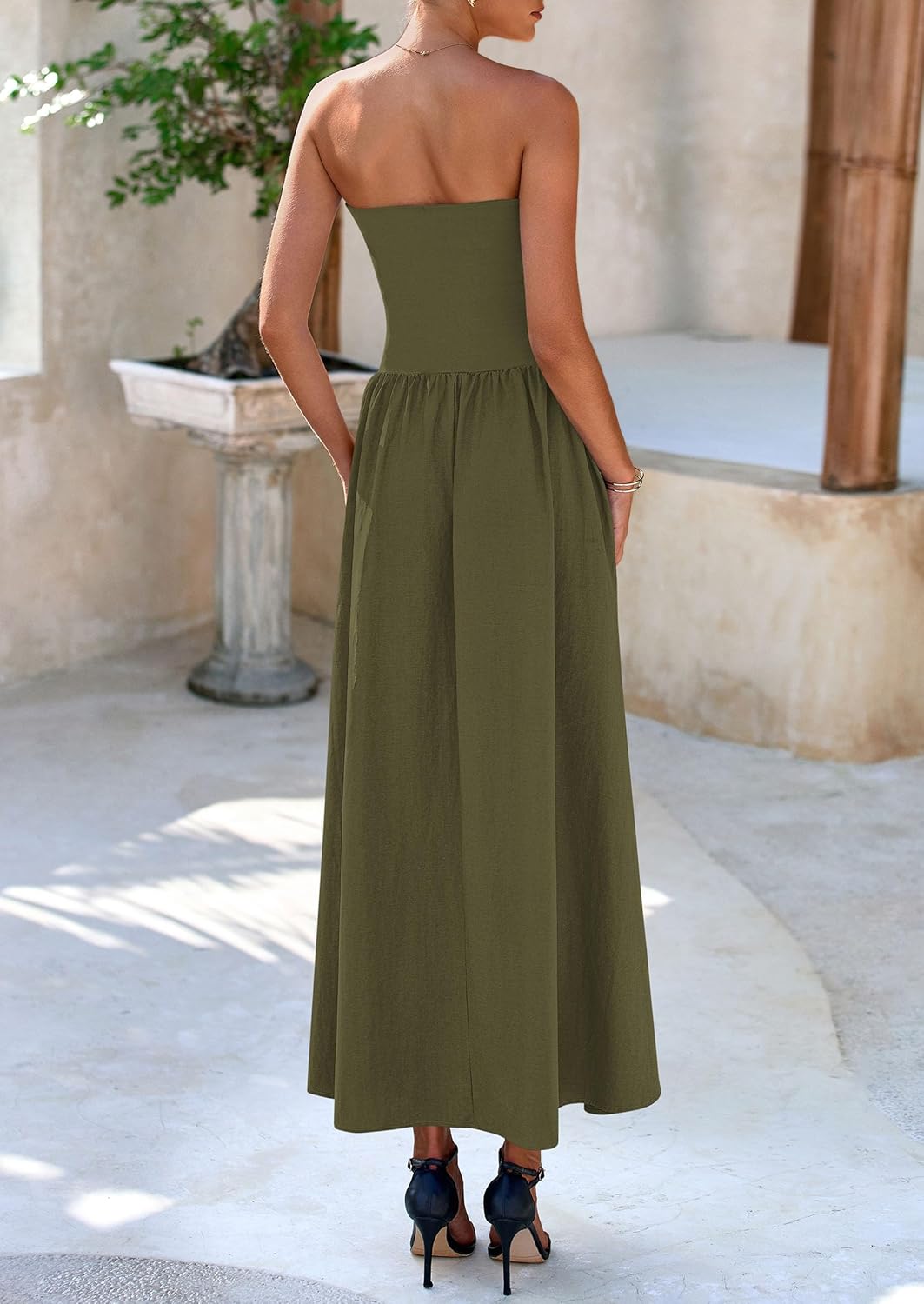 Women's 2025 Spring Strapless Maxi Dresses Patchwork Long Flowy Pockets Elegant Going Out Summer Tube Top Dress