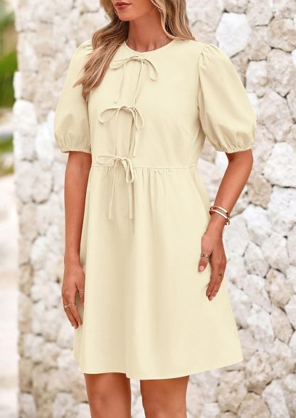 Womens 2025 Summer Casual Short Sleeve Dresses A Line Bow Tie Front Babydoll Loose Cute Mini Dress with Pockets