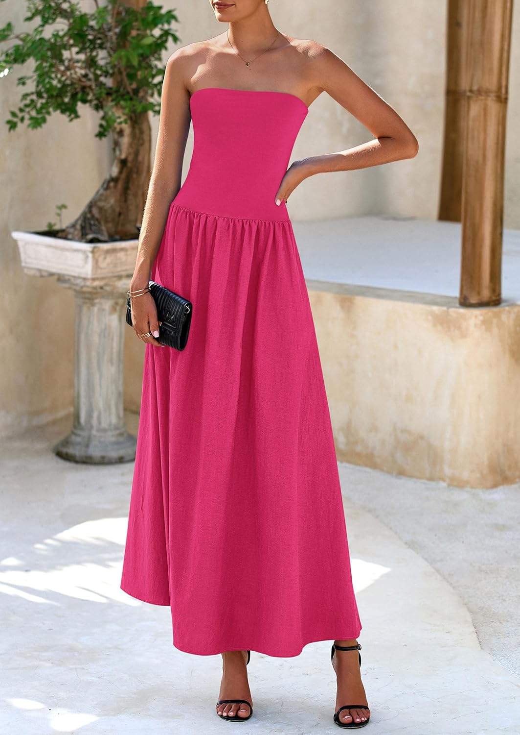 Women's 2025 Spring Strapless Maxi Dresses Patchwork Long Flowy Pockets Elegant Going Out Summer Tube Top Dress