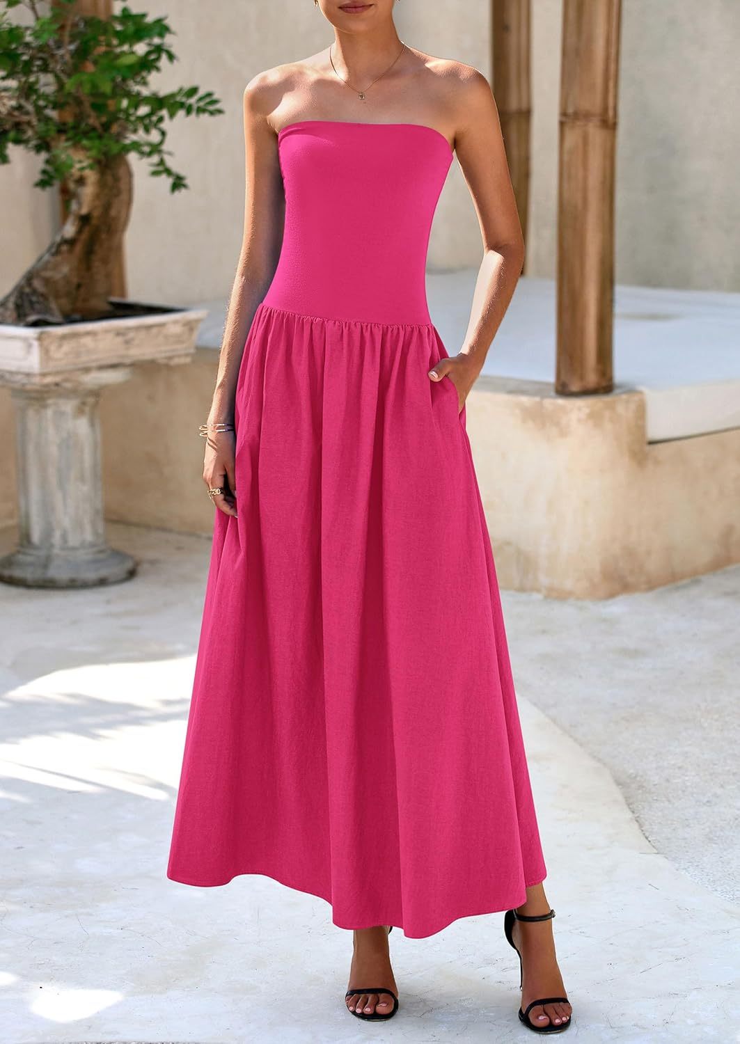 Women's 2025 Spring Strapless Maxi Dresses Patchwork Long Flowy Pockets Elegant Going Out Summer Tube Top Dress