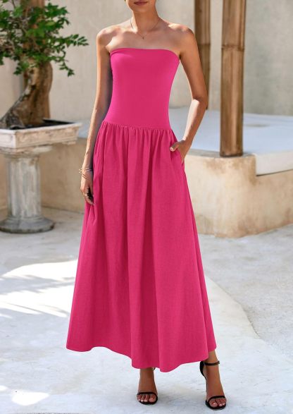 Women's 2025 Spring Strapless Maxi Dresses Patchwork Long Flowy Pockets Elegant Going Out Summer Tube Top Dress