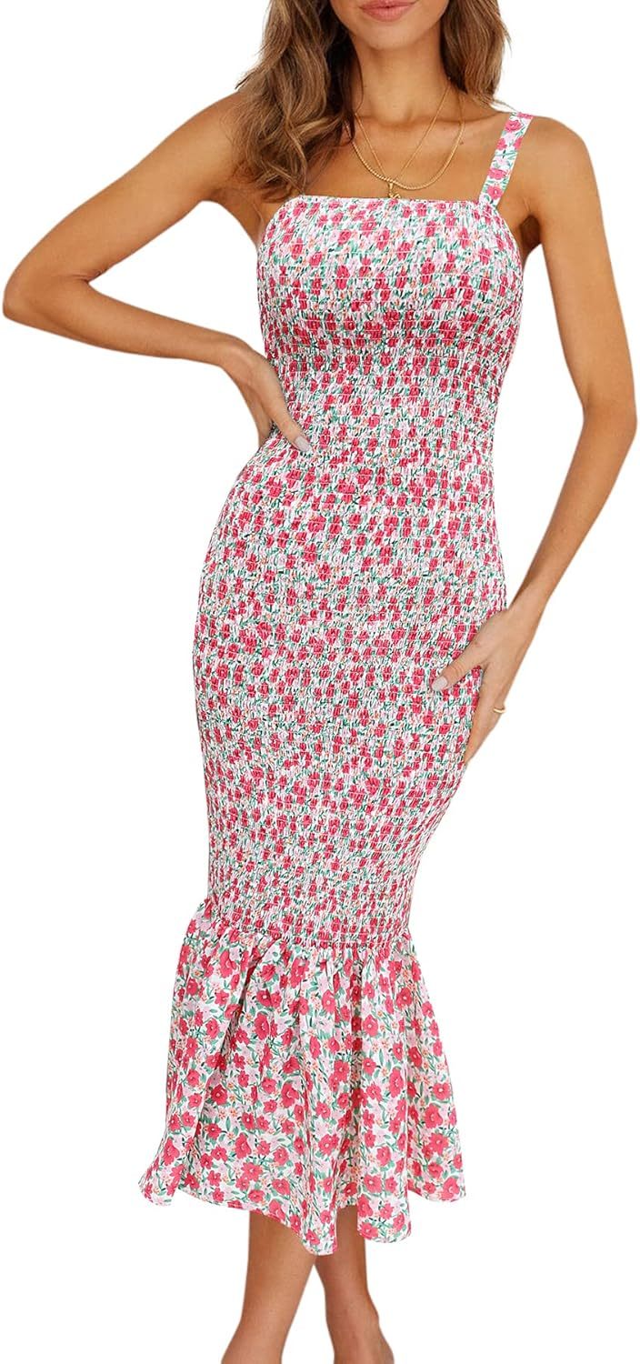Women's Summer Floral Midi Tank Dress Sleeveless Strappy Ruffle Hem Smocked Bodycon Dresses