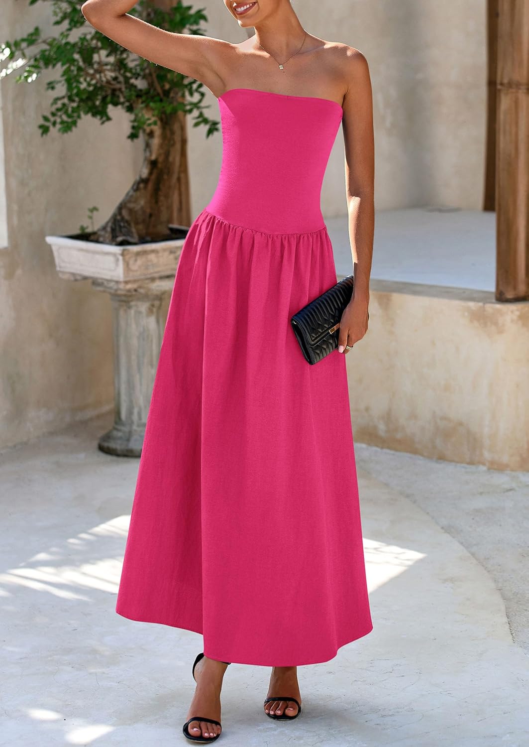Women's 2025 Spring Strapless Maxi Dresses Patchwork Long Flowy Pockets Elegant Going Out Summer Tube Top Dress