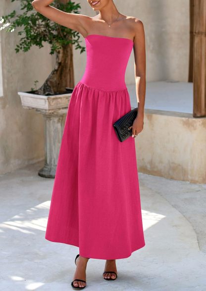 Women's 2025 Spring Strapless Maxi Dresses Patchwork Long Flowy Pockets Elegant Going Out Summer Tube Top Dress