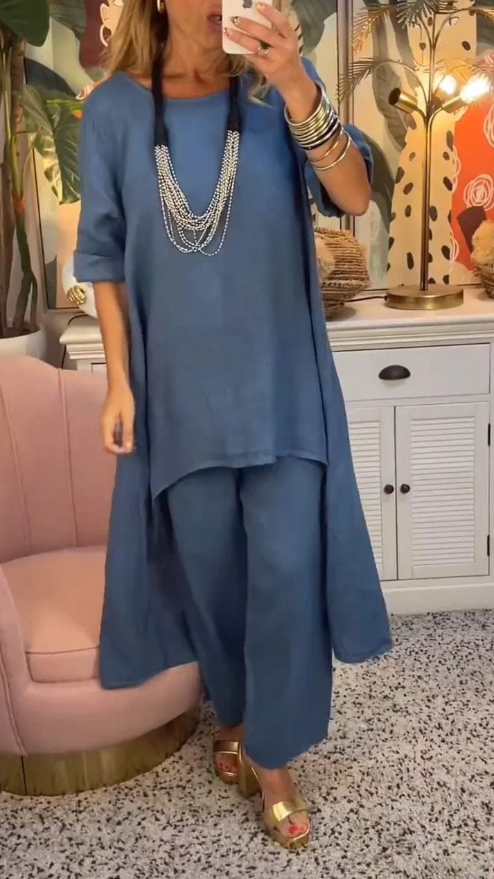 🔥Two-piece suit in cotton and linen, with a round neckline and long sleeves