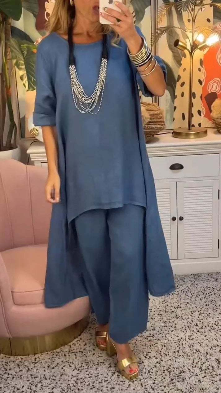 🔥Two-piece suit in cotton and linen, with a round neckline and long sleeves