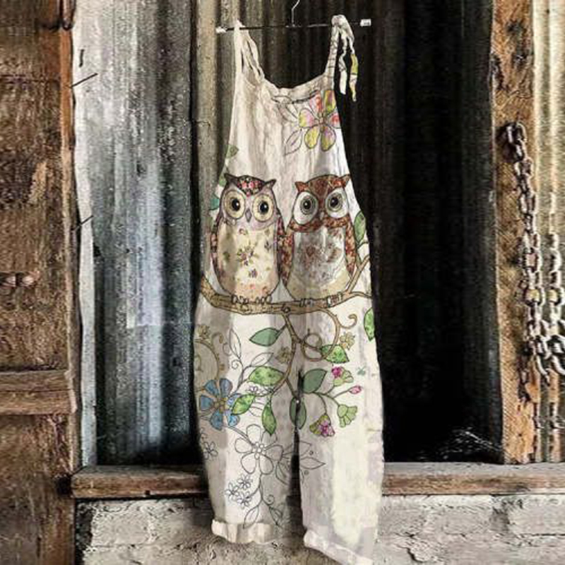 Women's Floral Owl Print Loose Casual Jumpsuit