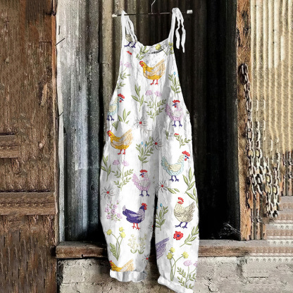 Floral Chicken Embroidery Print Loose Casual Jumpsuit