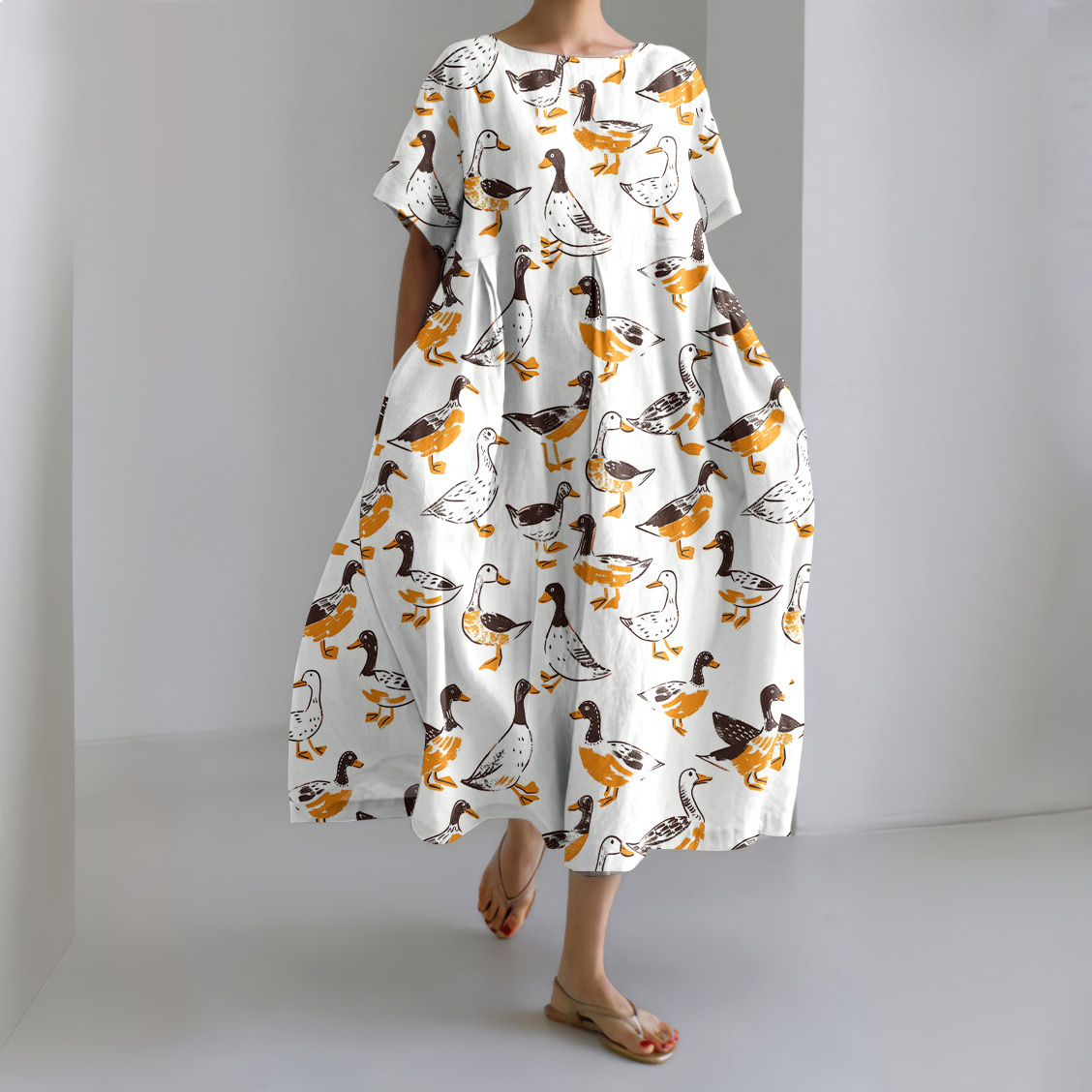 Duck Print Short Sleeve Loose Midi Dress