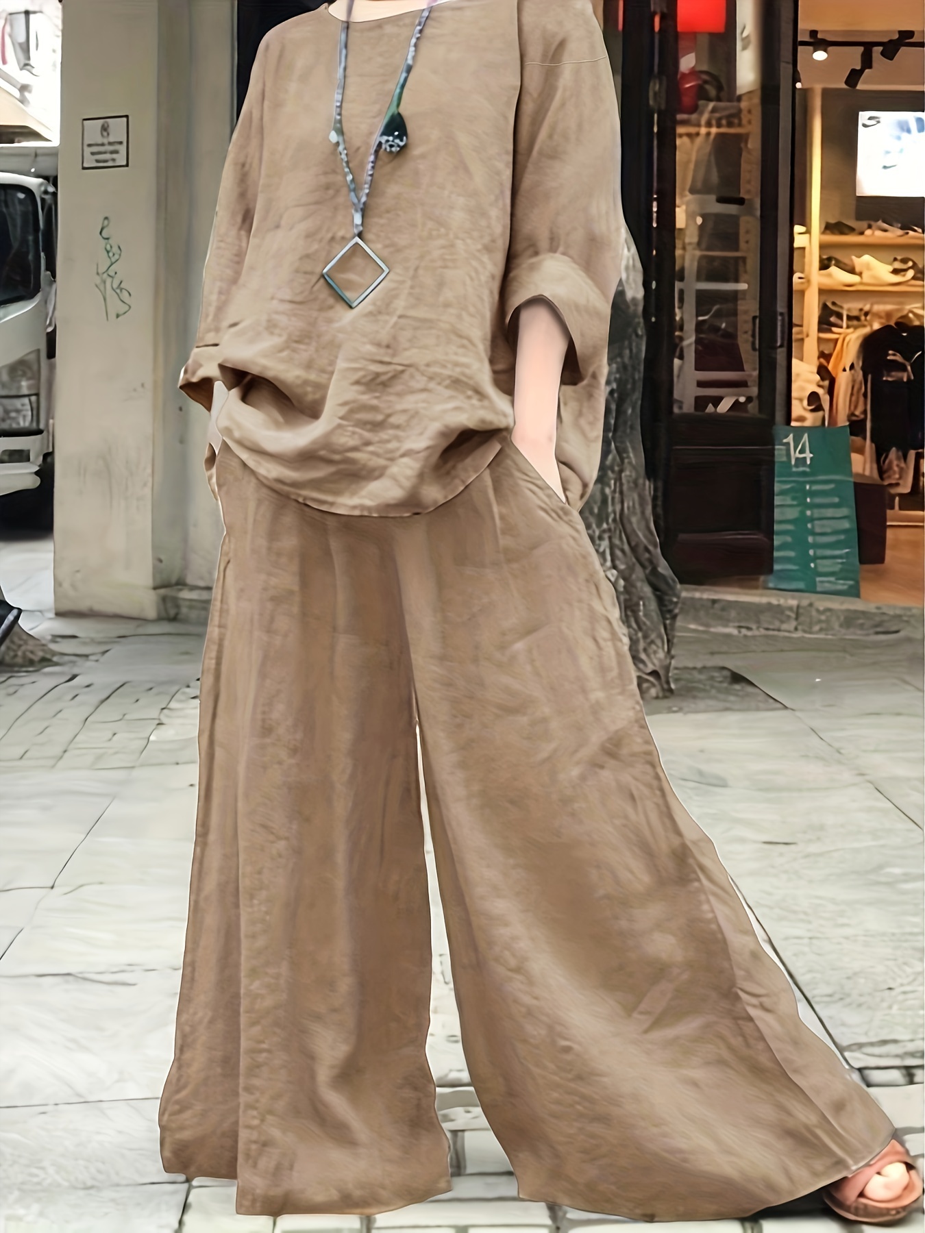 Plus Size Casual Outfits Set, Women's Plus Solid Round Neck Long Sleeve Top & Wide Leg Pants With Pockets Outfits Two Piece Set