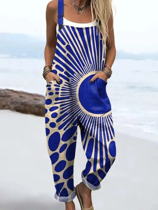 Women's Abstract Geometric Pattern Art Print Casual 100% Cotton Wide Leg Jumpsuit