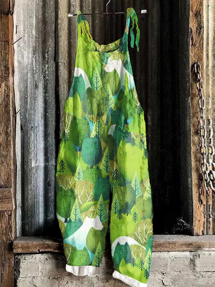 Vintage Abstract Cat Forest Art Linen Blend Loose Casual Jumpsuit