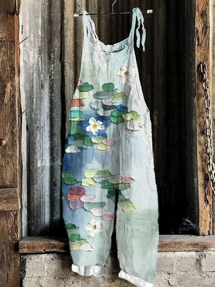 Vintage Watercolor Lotus Art Linen Blend Loose Casual Jumpsuit