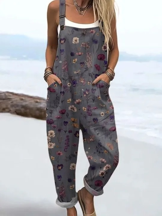 Women's Vintage Flowers Art Print Casual 100% Cotton Wide Leg Jumpsuit