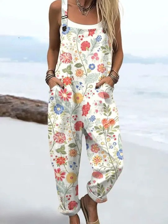 Women's  Vintage Flowers Art Print Casual 100% Cotton Wide Leg Jumpsuit