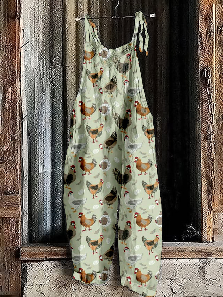 Vintage Farm Chicken Pattern Linen Blend Jumpsuit
