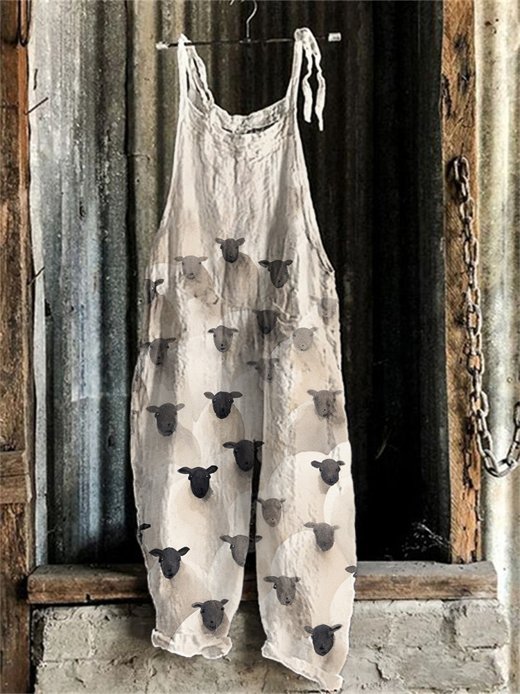 Sheep Print Linen Blend Casual Jumpsuit