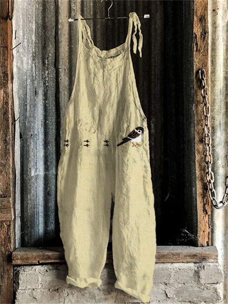 Lovely Bird Claw Prints Embroidered Linen Blend Jumpsuit