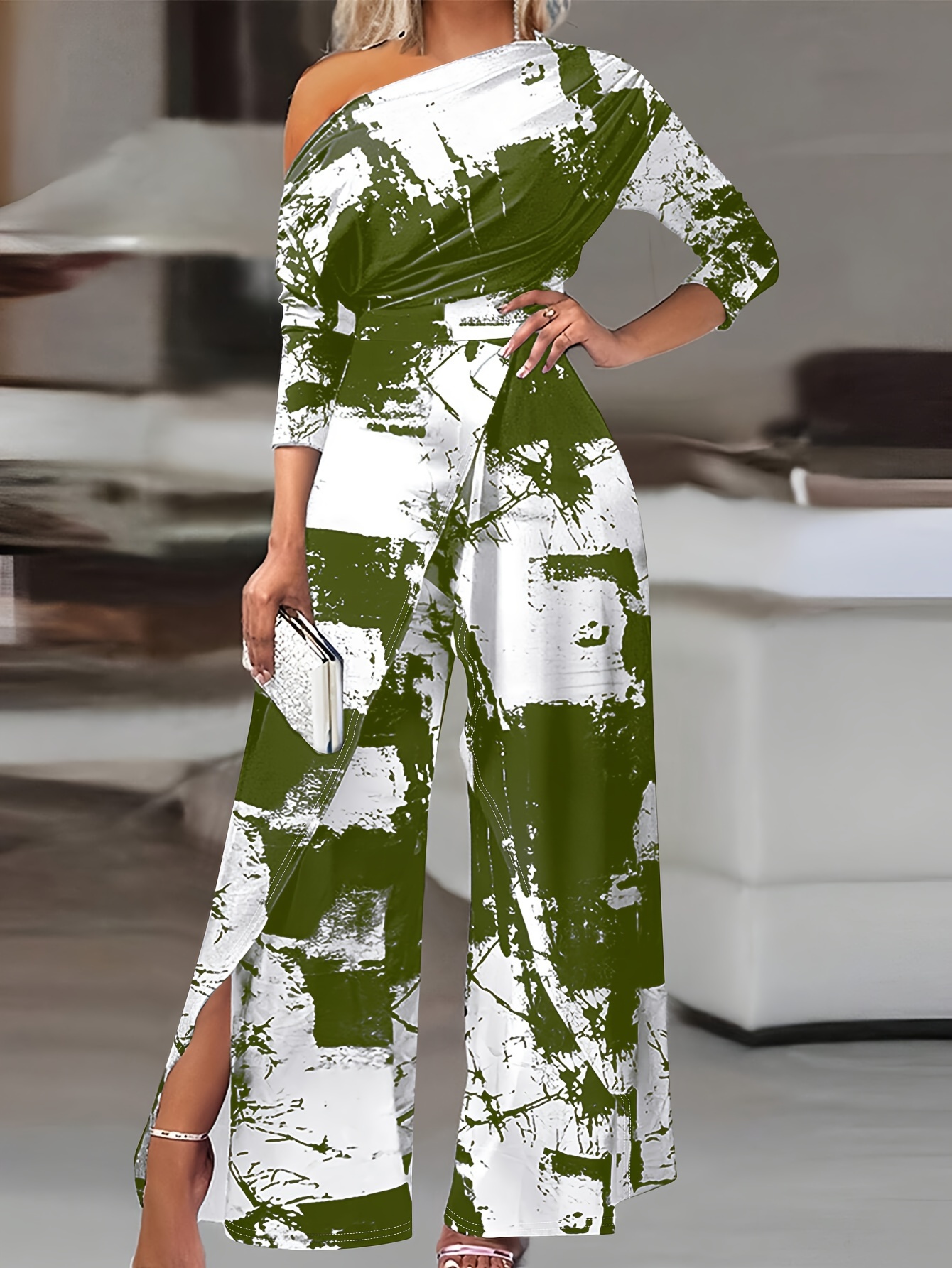 One Shoulder Jumpsuit, Elegant Split Jumpsuit For Spring, Women's Clothing