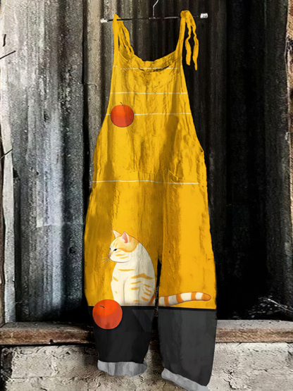 Abstract Creative Cute Sulking Cat Painting Art Print Loose Casual Jumpsuit