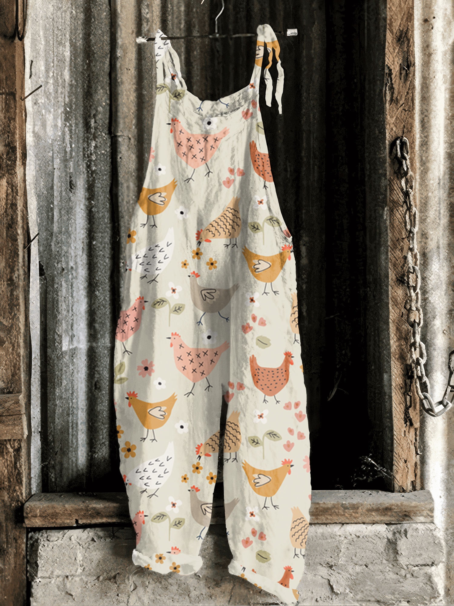 Farm Animal Chicken And Floral Print Casual Jumpsuit