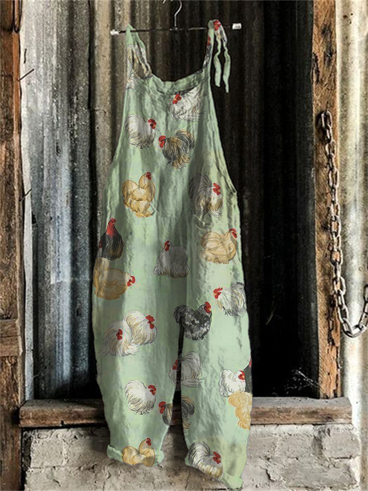 Vintage Chicken Pattern Loose Fit Jumpsuit