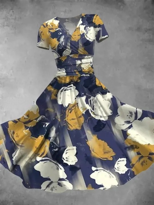 Floral Print V-Neck Short Sleeve Vintage Midi Dress