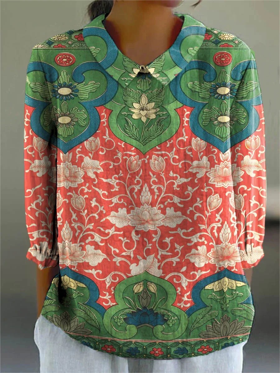 Women's Vintage Lovely Floral Art Print Casual Cotton And Linen 3/4 Sleeve Shirt