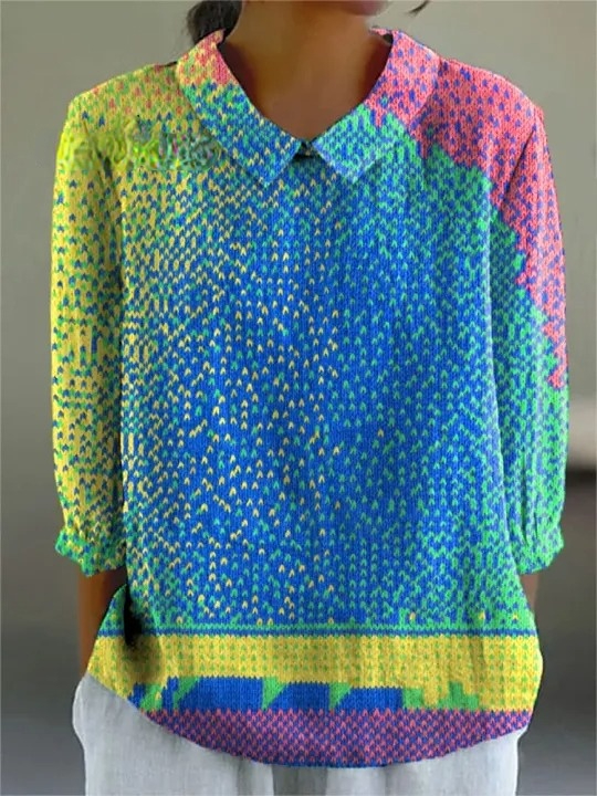 Women's Bright Weaving Art Print Casual Cotton And Linen 3/4 Sleeve Shirt