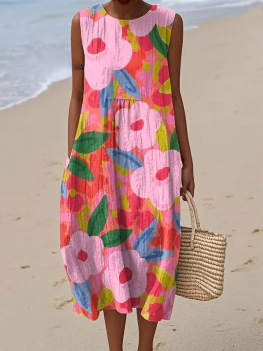 Women's Vintage Floral Pattern Art Print Sleeveless Cotton Pocket Wrap Dress