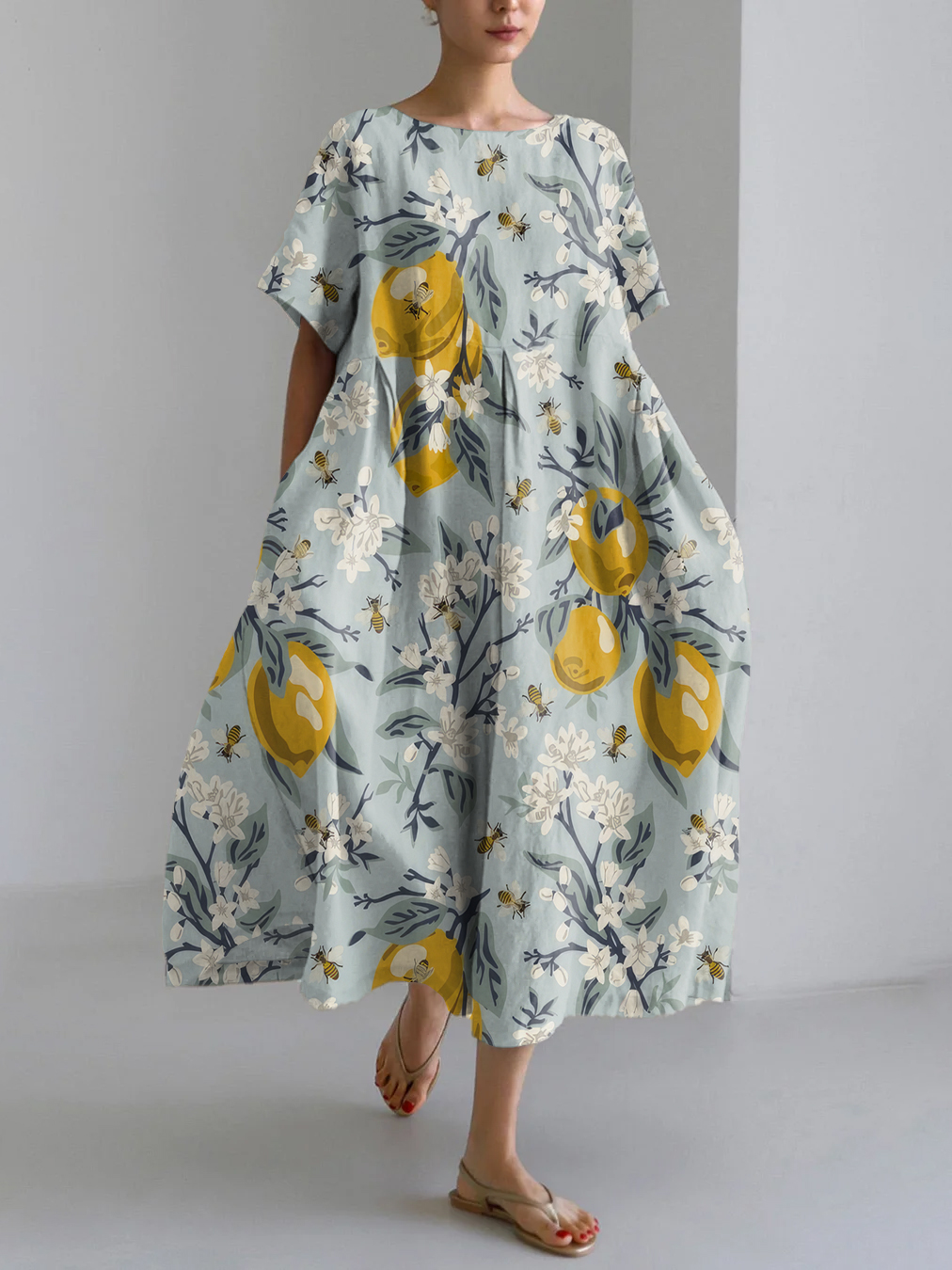 Vintage Bees & Lemons Pattern Linen Blend Maxi Dress