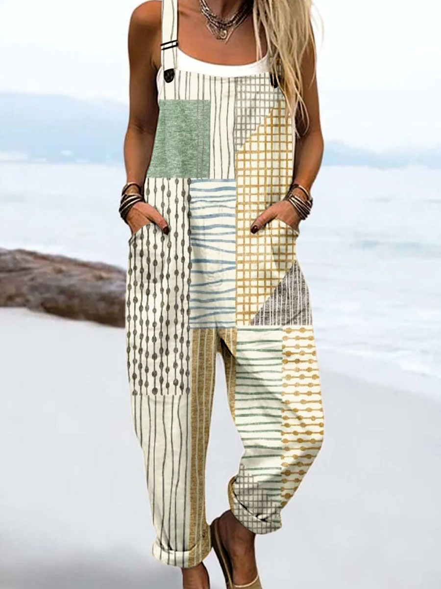 Women's Abstract Art Print Casual Cotton Wide Leg Jumpsuit