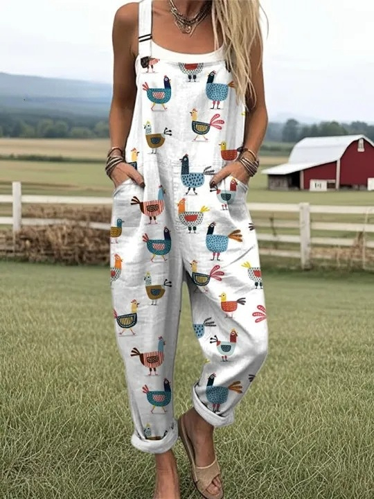 Women's Funny Farm Chicken Pattern Casual Cotton Wide Leg Jumpsuit