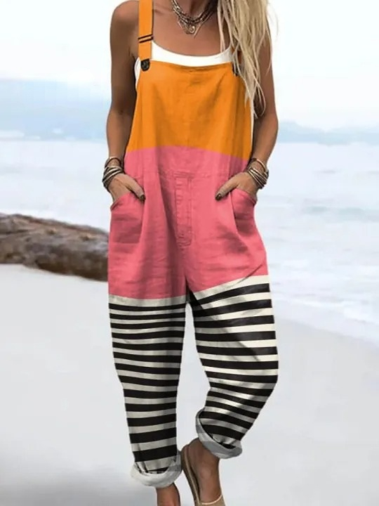 Women's Abstract Pattern Art Print Casual 100% Cotton Wide Leg Jumpsuit