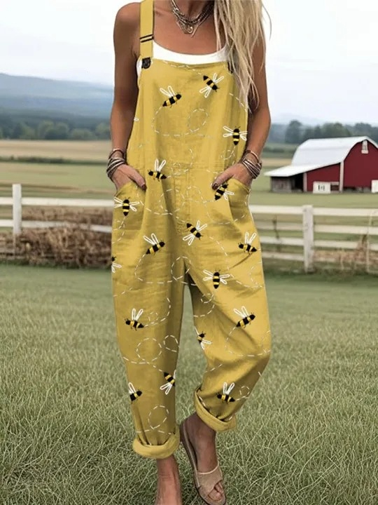 Women's Flying Bees Embroidery Pattern Casual Cotton Wide Leg Jumpsuit