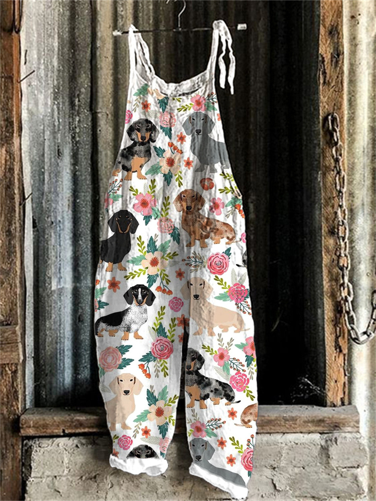 Dachshund Dog & Floral Pattern Linen Blend Casual Jumpsuit