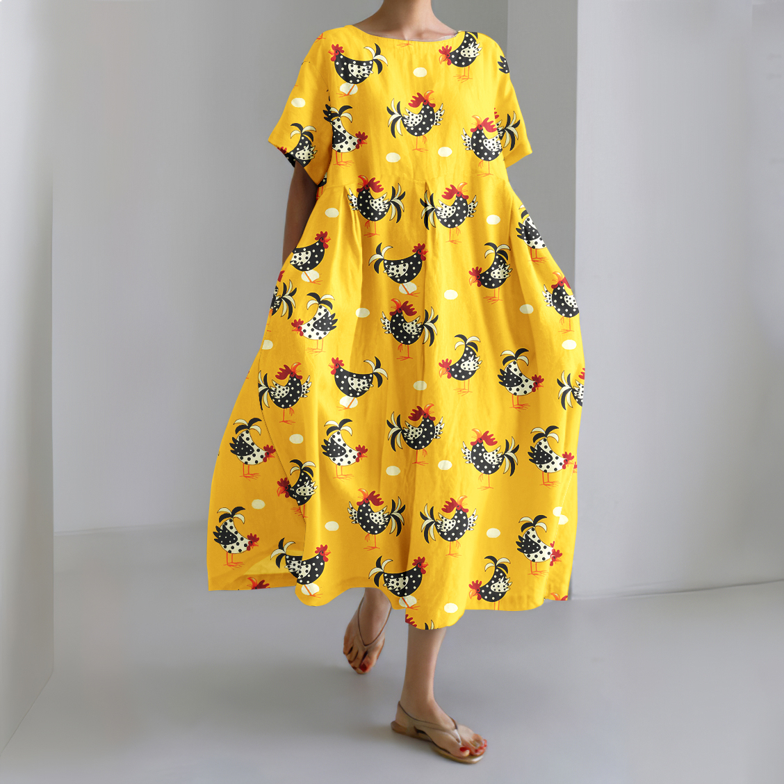 Retro Cute Polka Dot Chicken Linen Blend Maxi Dress