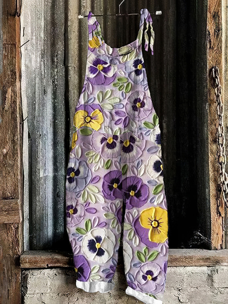 Vintage Watercolor Purple Floral Art Linen Blend Loose Casual Jumpsuit