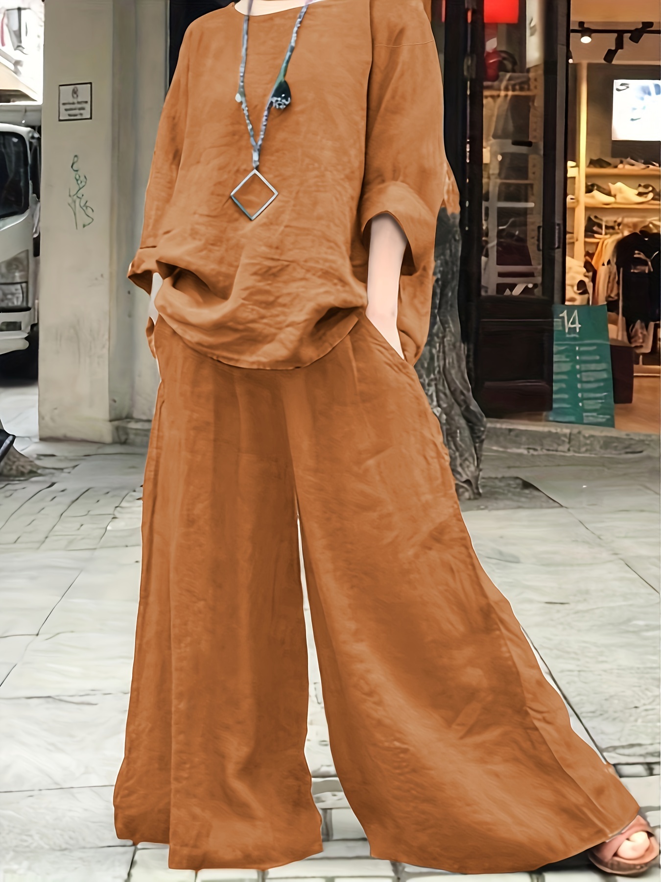 Plus Size Casual Outfits Set, Women's Plus Solid Round Neck Long Sleeve Top & Wide Leg Pants With Pockets Outfits Two Piece Set